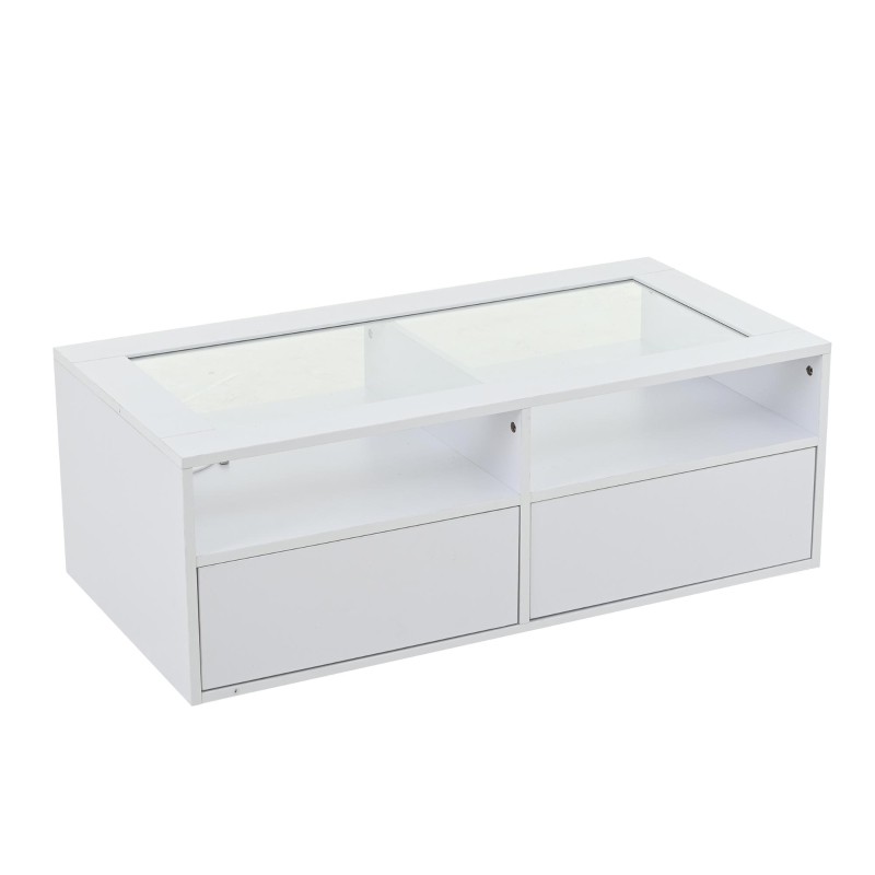 Smart Coffee Table with App-Controlled LED, USB Port and Glass Top, Practical Unit with 2 Drawers and Shelves,100L x 50W x 35H cm, White