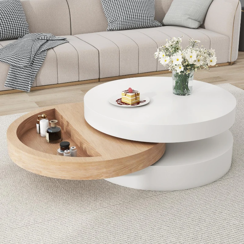 Round Coffee Table with Rotating Hidden Storage Sections, Space-Saving Table for Modern Living Spaces, 60L x 60W x 35H cm, White+Wood