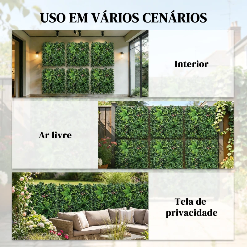 Outsunny Conjunto de 6 Sebes Artificiais de Ocultação para Jardim 50x50 cm Fácil Montagem Anti-UV para Varandas Terraços Verde