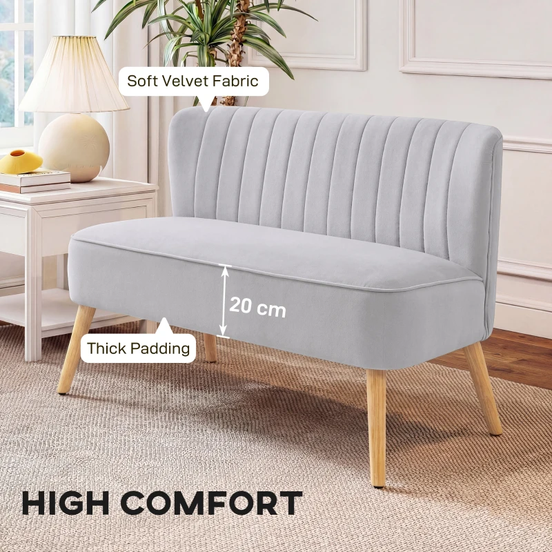 HOMCOM Modern Velvet Double Seat Sofa w/ Wood Frame Foam Padding Soft Comfortable Compact Couch Light Grey