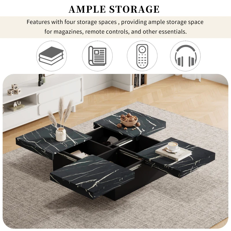 Modern Square Coffee Table with Sliding Top and 4 Built-In Drawers, Versatile Center Table for Living Spaces, 90L x 90W x 25H cm, Black