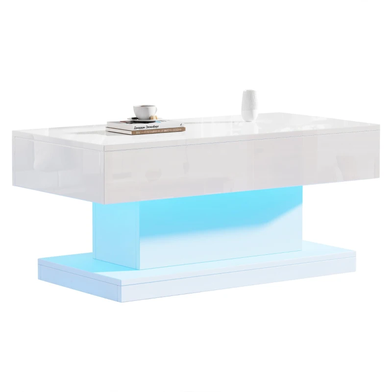 T-shaped Coffee Table with 2 Drawers and App-Controlled LED Strip, High-Gloss Centre Table for Living Room, 100L x 50W x 45H cm, White