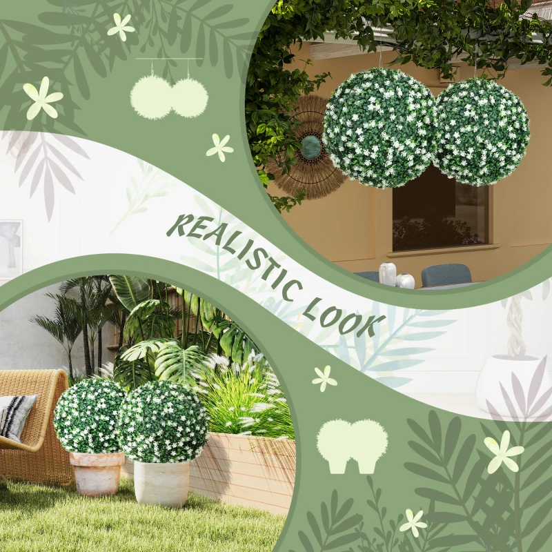 HOMCOM Set of Two Artificial Boxwood Balls Plants - White