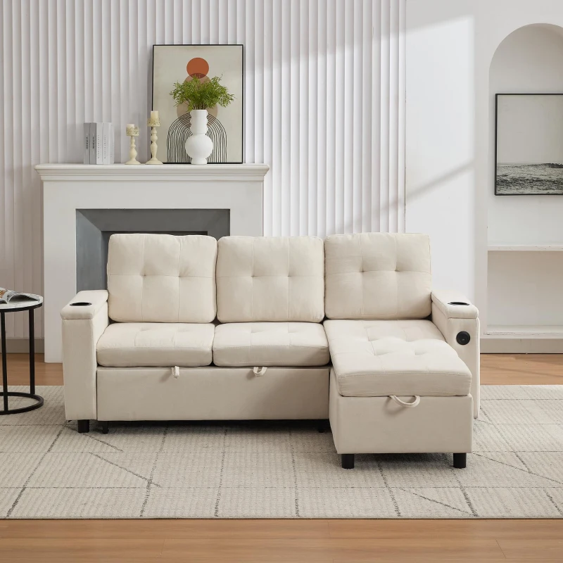 L-Shaped 3-Seater Sofa Bed with Hidden Storage, USB & USB-C Ports, Space-Saving Sofa for Compact Spaces, 208L x 146W x 89.5H cm, Beige
