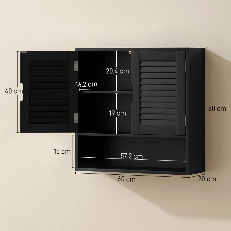 HOMCOM Bathroom Cabinet, Wall Mounted Storage Cabinet with Adjustable Shelves, 60 x 20 x 60 cm, Black