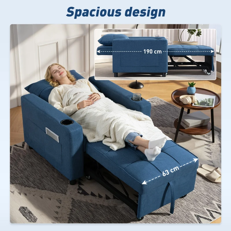 HOMCOM 3-in-1 Single Sofa Bed, Convertible Sleeper Chair Bed - Dark Blue