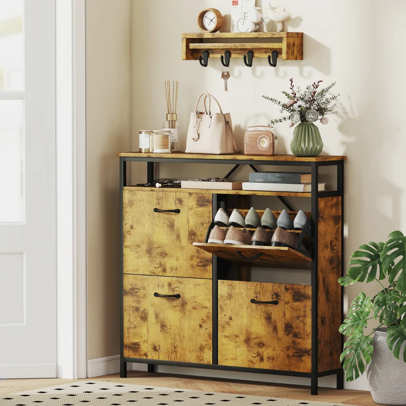 HOMCOM Shoe Storage Cabinet with 4 Flip Drawers and Open Shelf - Rustic Brown