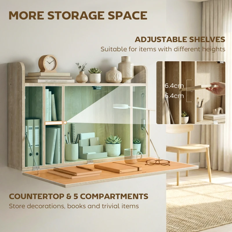 HOMCOM Wall Mounted Desk, Drop Leaf Floating Laptop Desk with Space Saving Storage Compartments for Home Office, Oak