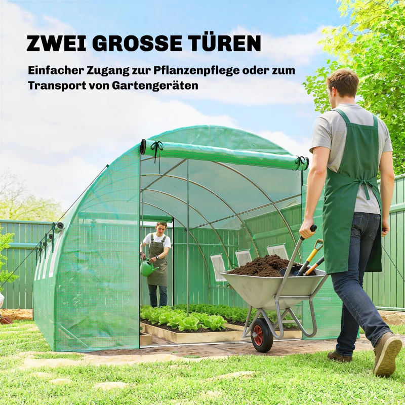 Outsunny Gewächshaus ca. 4 x 3 x 2 m Foliengewächshaus mit Rollbar 2 Reißverschlusstür & 8 Netzfenster Stützstangen Grün