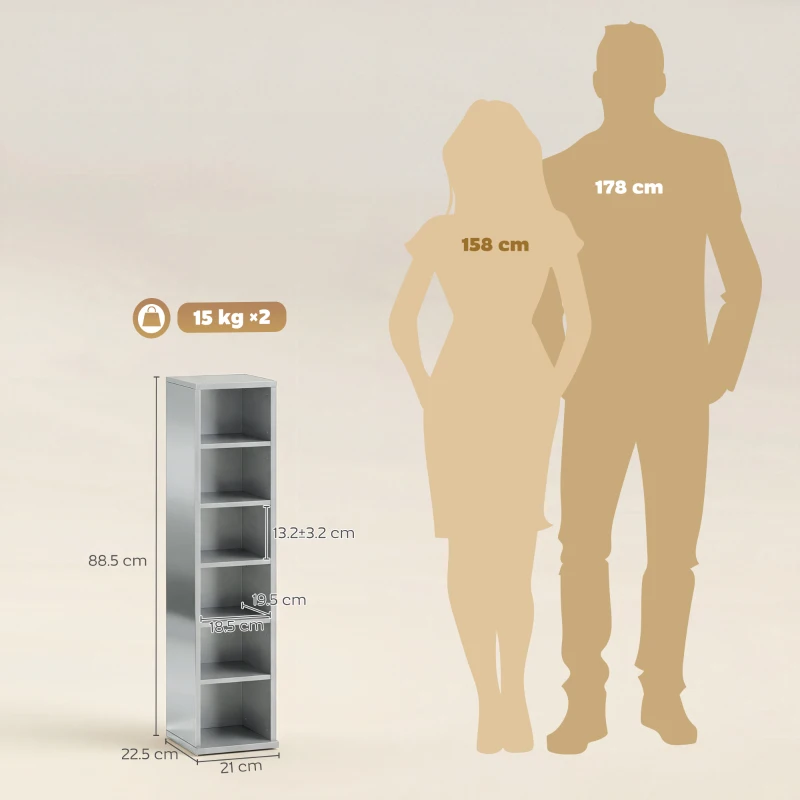 HOMCOM Set of 2 CD Media Display Shelf Unit Tower Rack with Adjustable Shelves, High Gloss Grey