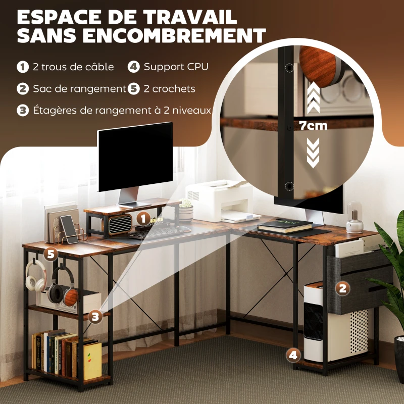 HOMCOM Bureau d'angle réversible, 168-240 cm, bureau d'ordinateur avec étagère réglable, support d'écran, brun rustique