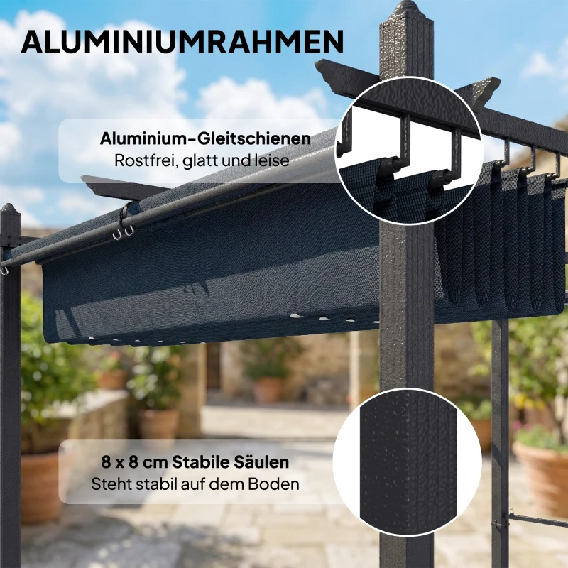 Outsunny Pergola 3 x 4 m Terrassenüberdachung mit Schiebedach, automatisch einziehbaren Rollos, UV50+ Aluminiumrahmen