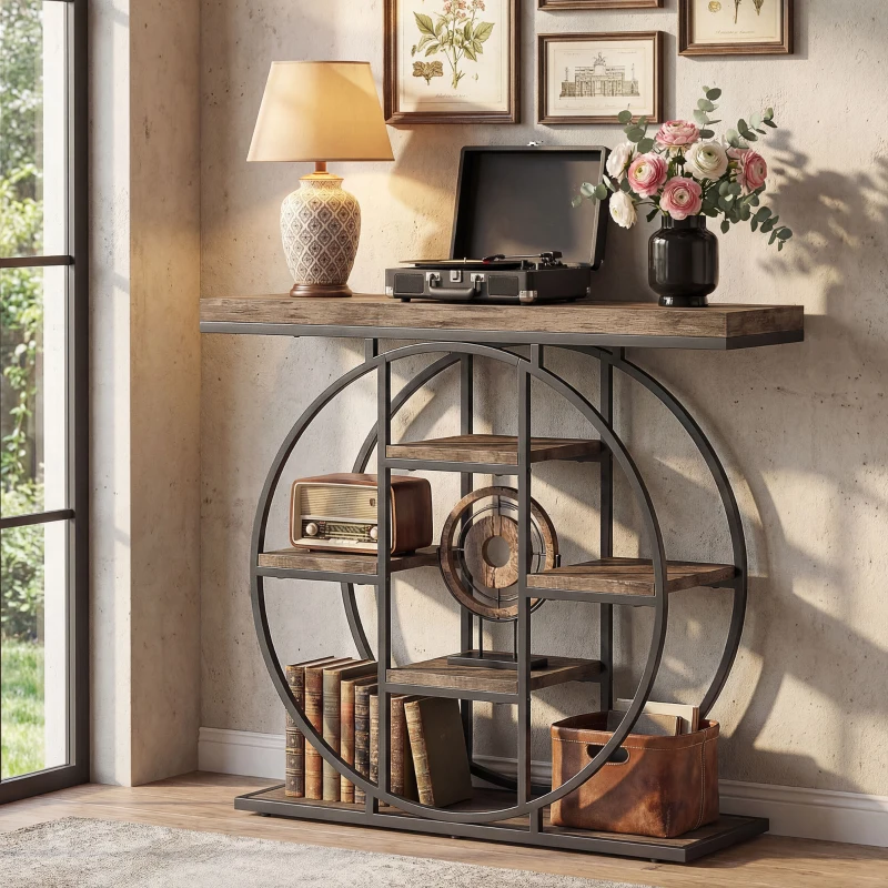 HOMCOM Industrial Console Table with Storage Shelves - Rustic Brown