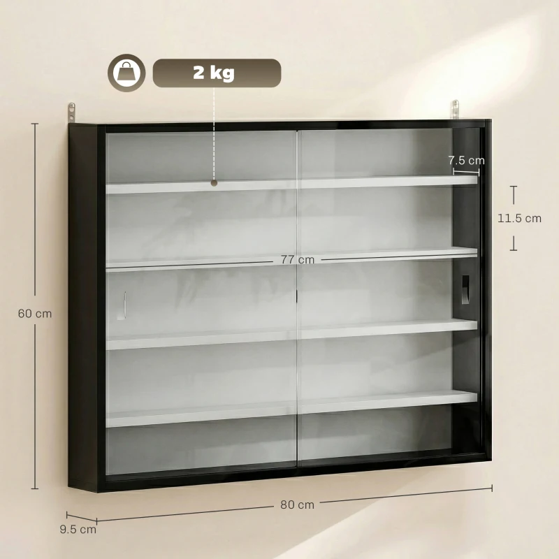 HOMCOM 5-Tier Wall Display Cabinet,  Wall Mounted Display Case w/ 4 Adjustable Shelves, Glass Doors, 60x80cm, Black and White