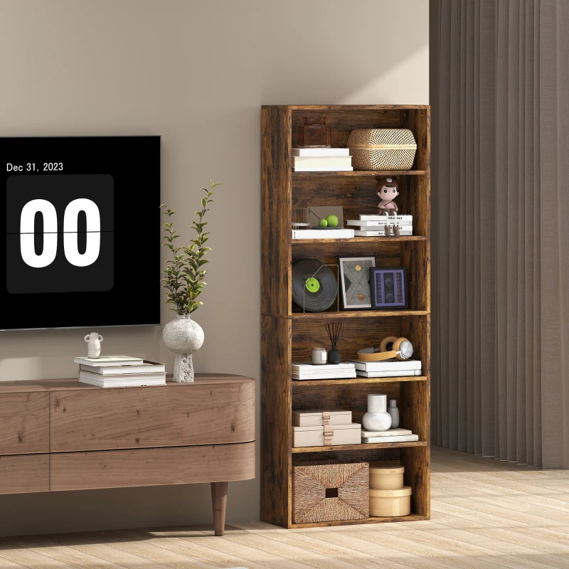 HOMCOM Six Shelf Bookcase - Rustic Brown
