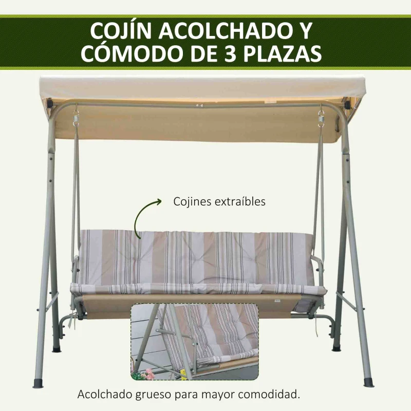 Outsunny Balancín de Jardín Exterior Columpio de 3 Plazas con Toldo Ajustable y Marco de Acero 172x110x156 cm Marrón Claro