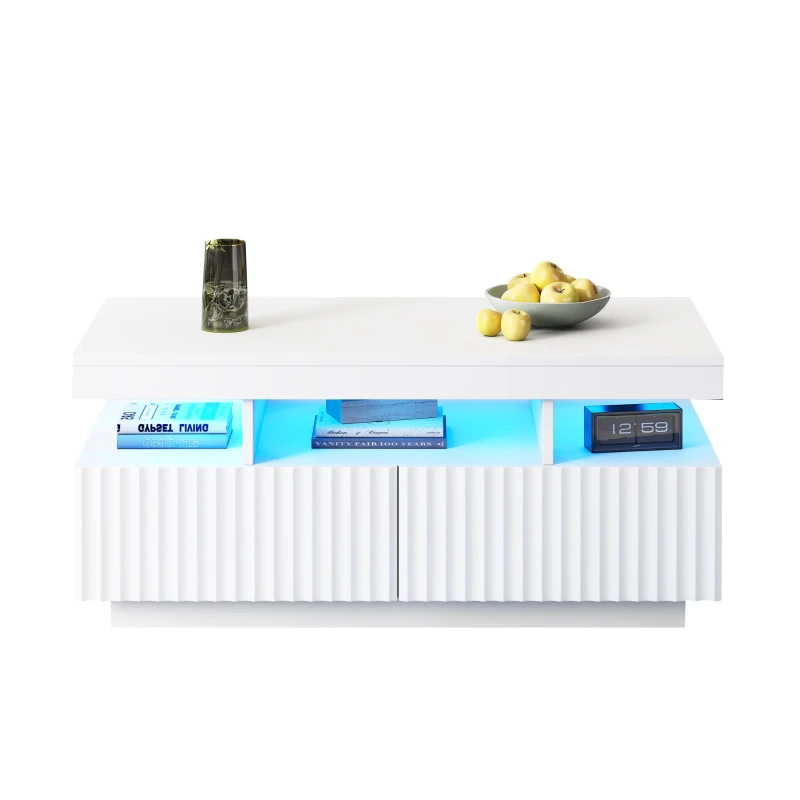 Modern Coffee Table with App-Controlled LED and Two Ribbed Drawers, Sleek Unit with Open Display Shelf, 100L x 50W x 45H cm, White