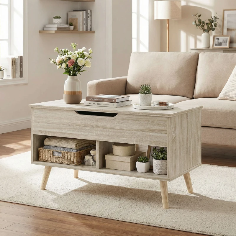 HOMCOM Tavolino sollevabile con vano nascosto e ripiani, 75x40x58 cm, Naturale