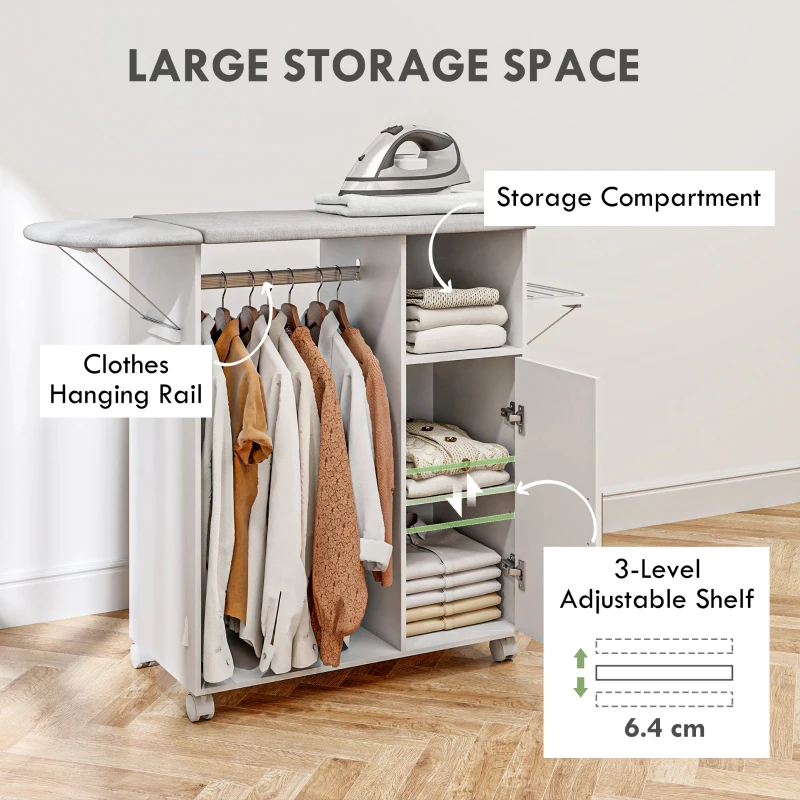 HOMCOM Rolling Ironing Board Cabinet, Foldable Ironing Station with Storage, Wheels for Home, Laundry Room, White
