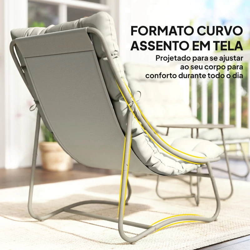 Outsunny Conjunto de Jardim de 3 Peças com 2 Cadeiras Lounge Mesa de Café e Almofadas para Exterior Pátio Varanda Cinzento Claro