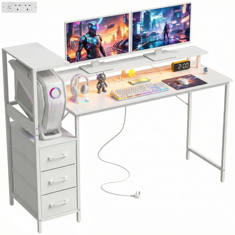 HOMCOM 147cm Gaming Desk with Charging Station and Monitor Stand, Computer Table for Home Office with RGB Lights, White