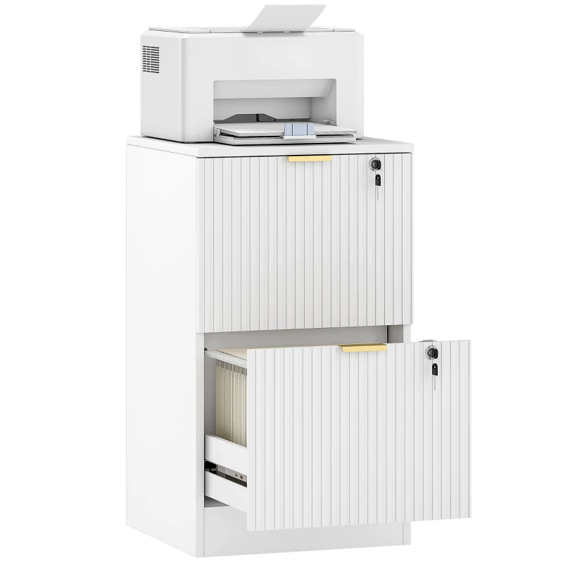 HOMCOM Filing Cabinet, Fluted Vertical File Cabinet with 2 Lockable Drawers and Hanging Rails, White