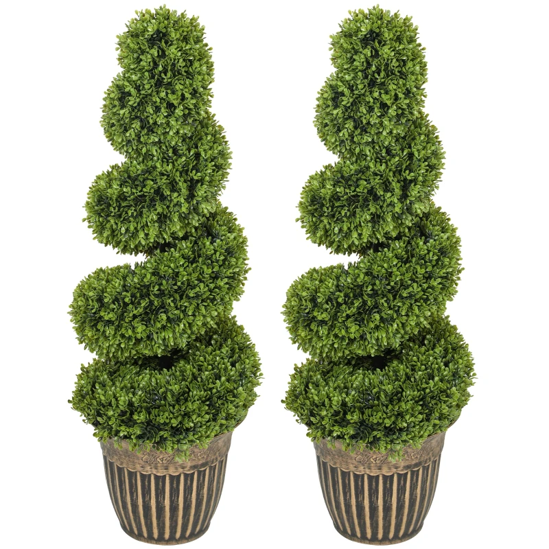 HOMCOM Set of 2 Artificial Plants, Topiary Spiral Boxwood Trees with Pot, for Home Indoor Outdoor Decor, 90cm