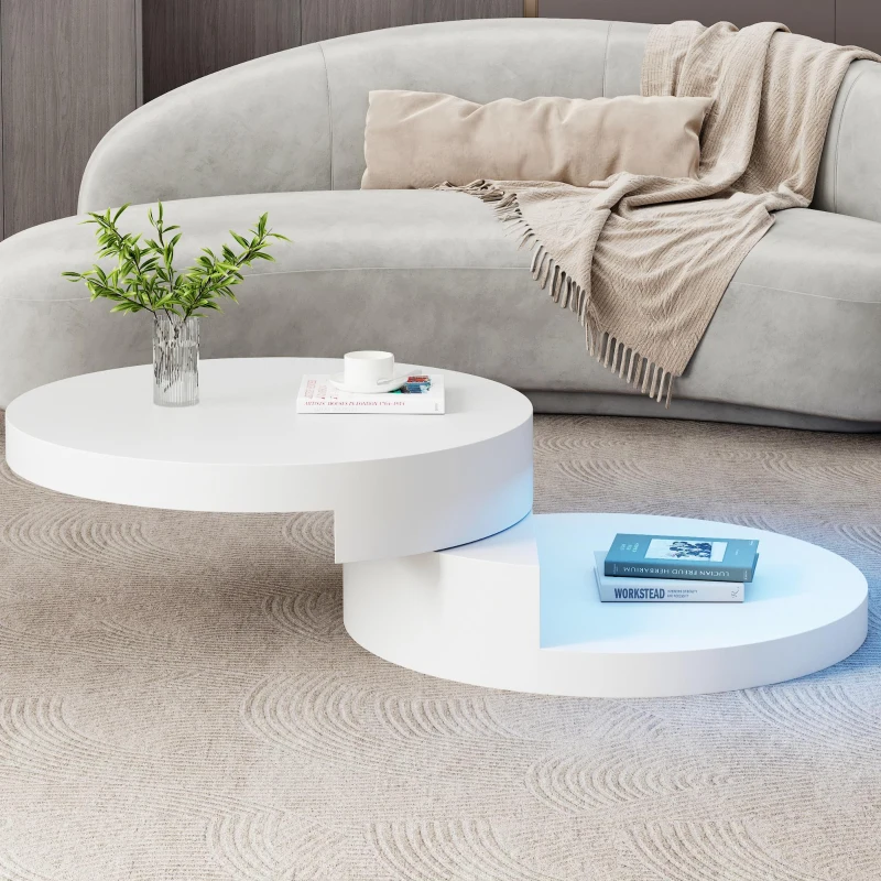 Round Rotating Coffee Table with Remote-Controlled LED Strip, Space-Saving Tabletop with Double-Layer Storage, 70L x 70W x 35.5H cm, White
