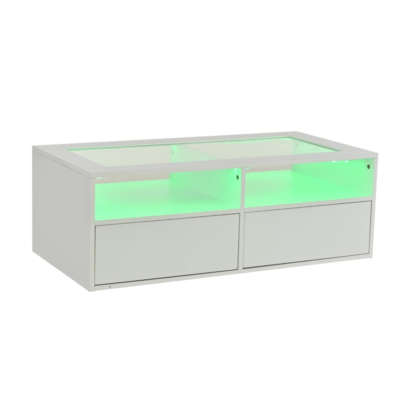 Smart Coffee Table with App-Controlled LED, USB Port and Glass Top, Practical Unit with 2 Drawers and Shelves,100L x 50W x 35H cm, White
