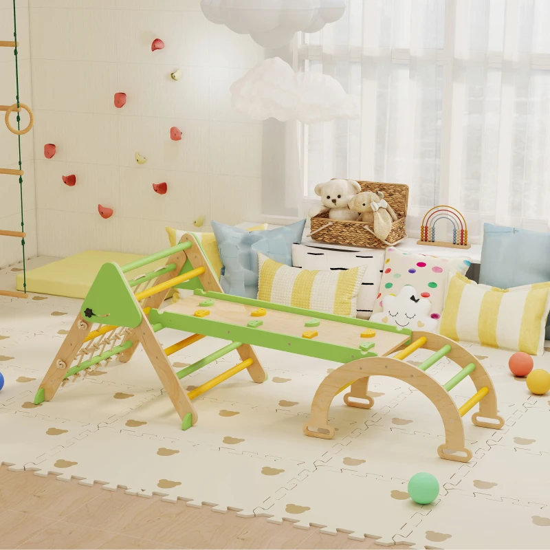 AIYAPLAY Triangle d'escalade enfants 8 en 1 avec rampe double face, arc d'escalade en bois avec toboggan & échelle, vert