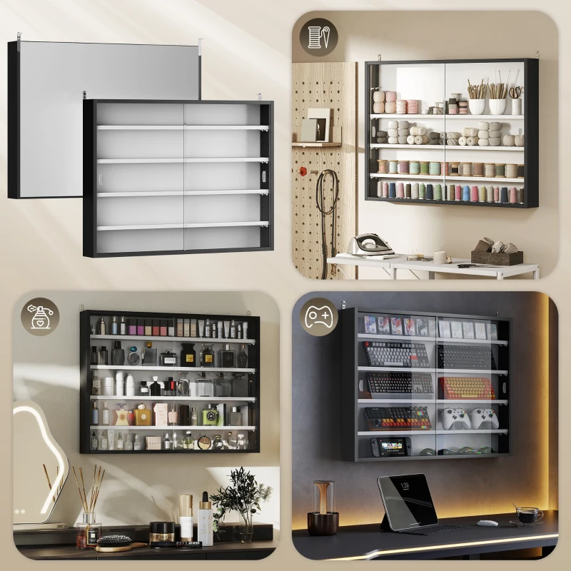 HOMCOM 5-Tier Wall Display Cabinet,  Wall Mounted Display Case w/ 4 Adjustable Shelves, Glass Doors, 60x80cm, Black and White