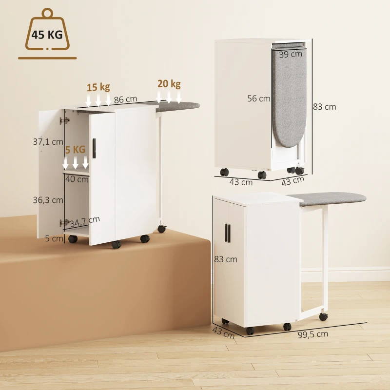 HOMCOM Armário 2 em 1 com tábua de passar dobrável com rodas e prateleira ajustável para espaços pequenos, Branco