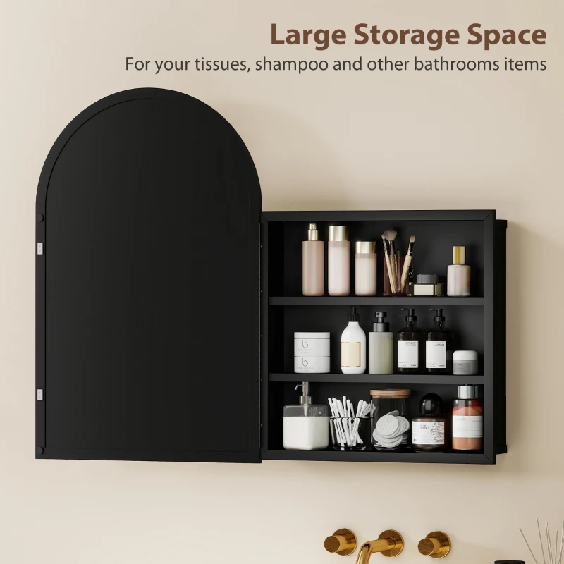 HOMCOM Bathroom Mirror Cabinet with Mirror, Arched Wall Mounted Bathroom Cabinet with Storage Shelves, Black