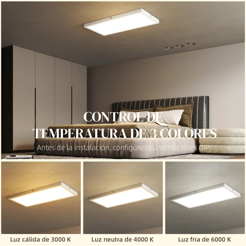 HOMCOM Juego de 4 Lámparas de Techo Color Regulable con Interruptor DIP y de Pared 3000K/4000K/6000K 60x30x3,7 cm Blanco