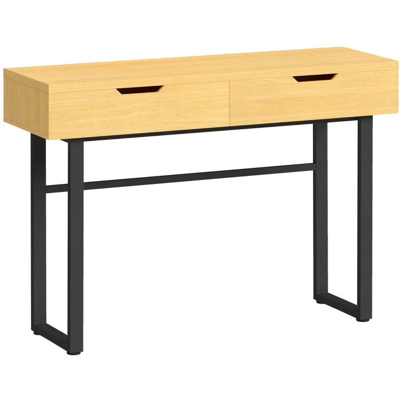 HOMCOM Console meuble 110 cm, table console étroite avec 2 tiroirs, cadre en métal et design sans poignées, bois naturel
