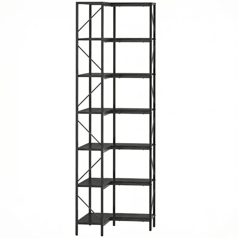 HOMCOM Bibliothèque d'angle à 7 niveaux industriel avec étagères de rangement, 60 x 60 x 198 cm, noir