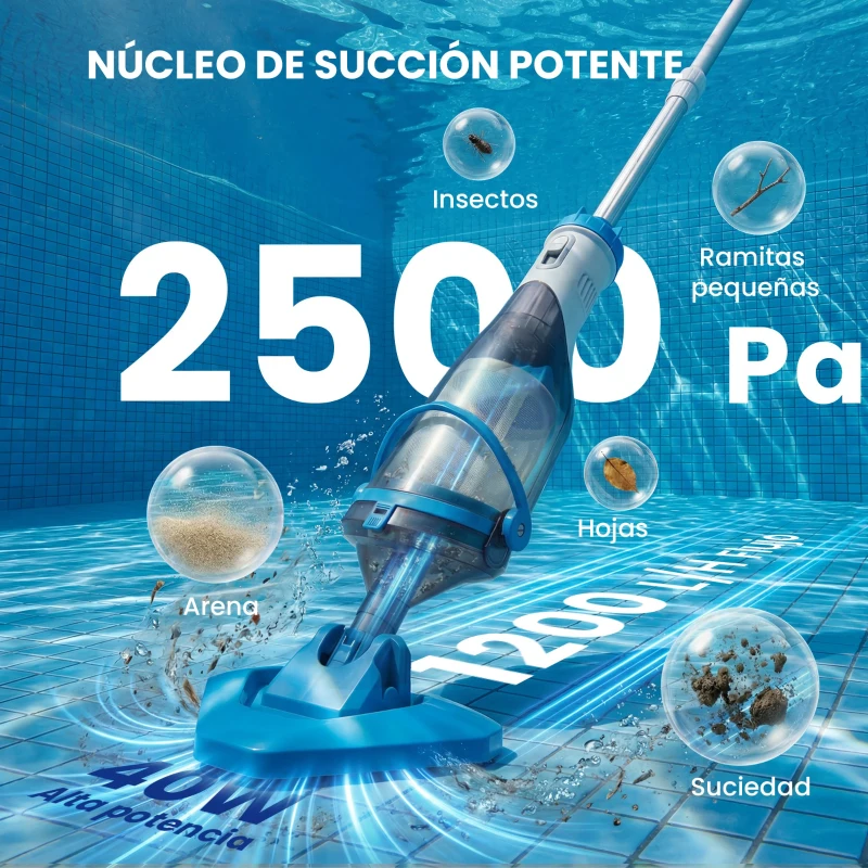 Outsunny Limpiafondos de Piscina Manual Inalámbrica con Cepillo y Barra Ajustable de 63-150 cm para Piscinas Pequeñas Azul