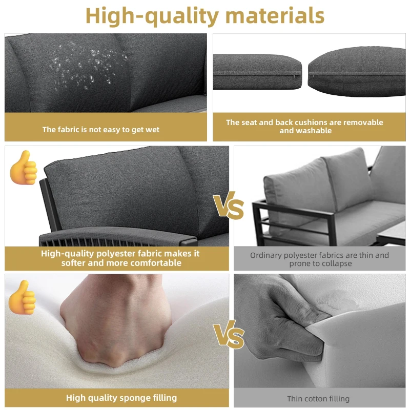 Stylish Garden Lounge Set with Galvanised Iron Frame and Wood‑Grain Table, Large Sofas and Table for 8 People, 124L x 69W x 86H cm, Gray