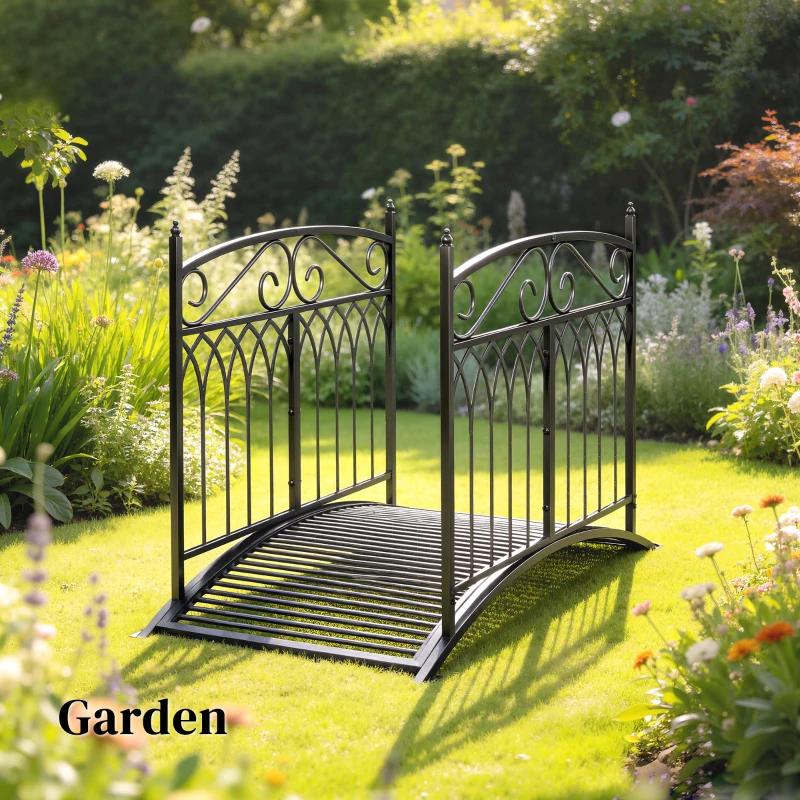 Outsunny Metalen tuinbrug 135,5 cm vijverbrug met veiligheidsleuningen antieke look roestbestendig eenvoudige montage