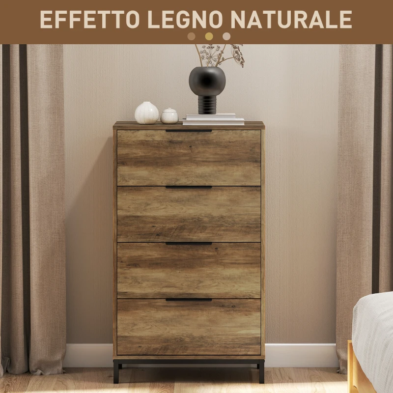 HOMCOM Cassettiera 4 Cassetti Antiribaltamento con Maniglie Nere, in Legno e Metallo, 62x35x105 cm, Marrone Chiaro