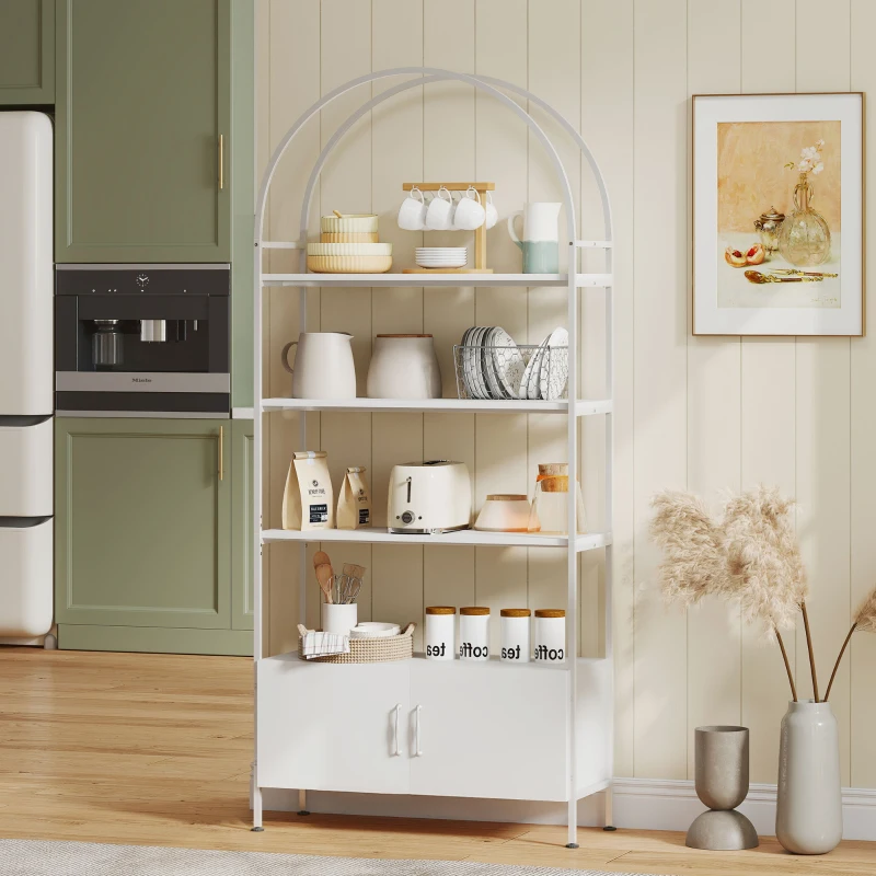 HOMCOM Étagère de rangement, bibliothèque arquée à 4 niveaux avec placard double porte, 80 x 30 x 187 cm, blanc