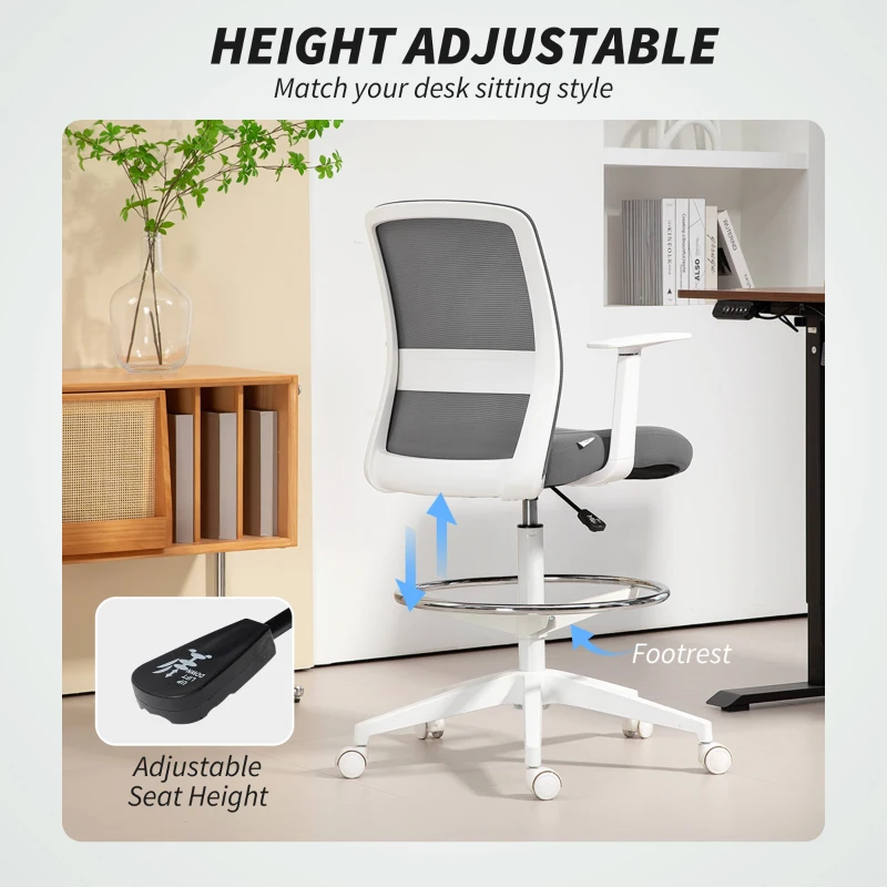 HOMCOM Krzesło biurkowe, obrotowe, na kółkach, z siatkowym oparciem, poduszką z pianki, szare