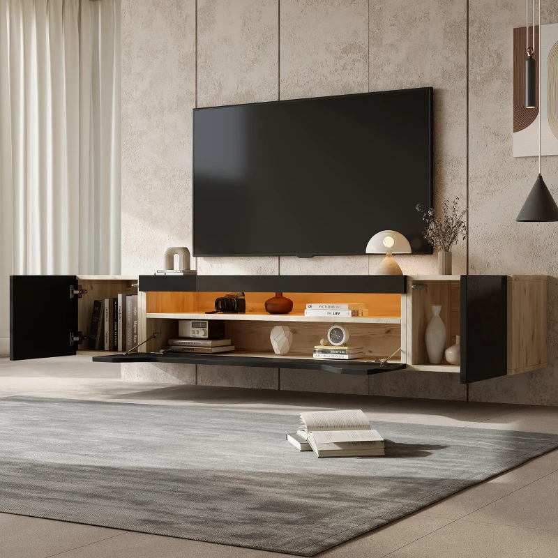 Floating TV Stand with App-Controlled LED Strip and Pull-Down Door, Wall-Mounted TV Unit with Storage Shelves, 180L x 37W x 36H cm, Black