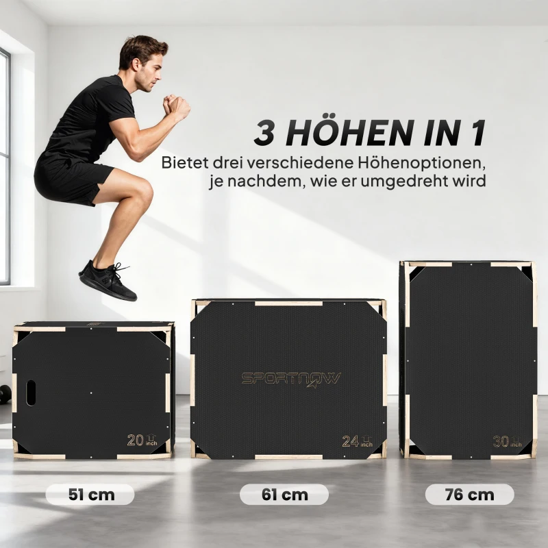SPORTNOW 3-in-1 Plyo-Box, Sprungbox mit Griff-Öffnungen, für Home-Fitness und Outdoor-Workouts, 3 Sprunghöhen, Holz, Schwarz