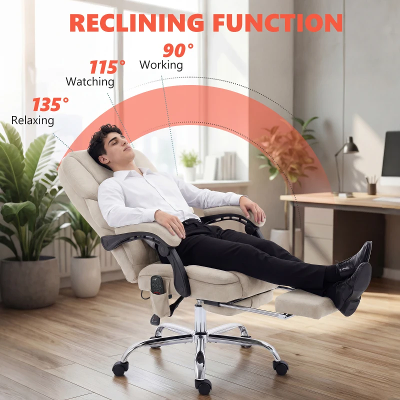 HOMCOM Office Chair with 6-point Vibration Massage and Heat, Fabric Desk Chair with Footrest, High Back, Cream White