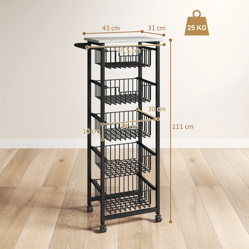 HOMCOM Five Basket Mobile Kitchen Island, with Brakes - Grey/Black