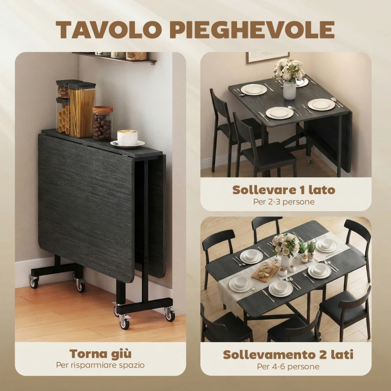 HOMCOM Tavolo Pieghevole per 4-6 Persone con 2 Ribalte e Ruote con Freno, 120x80x73 cm, Nero Effetto Legno