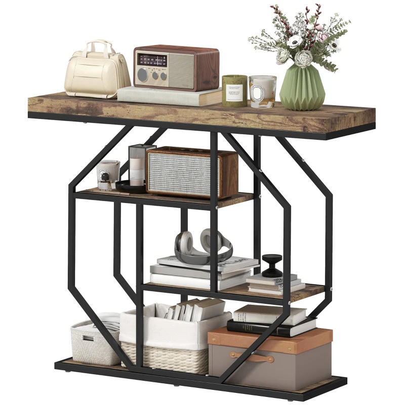 HOMCOM 4-Tier Industrial Console Table - Rustic Brown