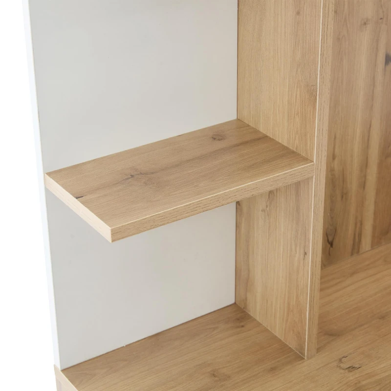 Hall Tree Coat Rack with Shoe Cabinet and 5 Open Shelves, Double‑door Storage for Narrow Entrance, 75L x 33W x 180H cm, White+Oak