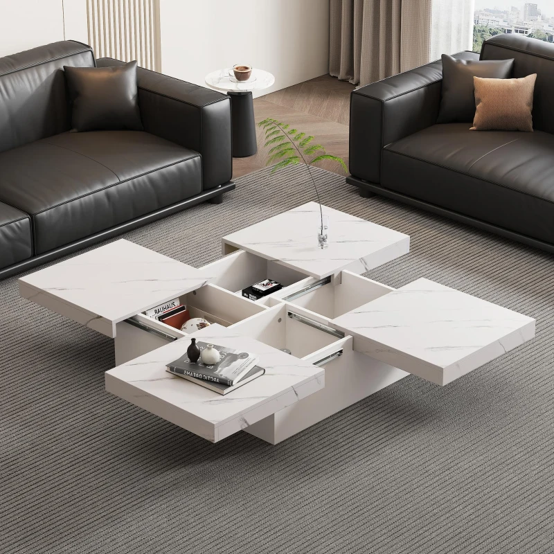 Modern Square Coffee Table with 4 Drawers and Sliding Surface, Space-Saving Center Table for Living Rooms, 90L x 90W x 25H cm, White